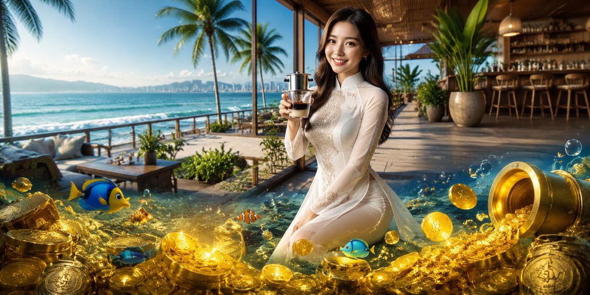 Người dùng thưởng thức cá cược trực tuyến bên bờ biển Nha Trang với trang phục áo dài truyền thống – kết hợp giữa văn hóa và giải trí hiện đại